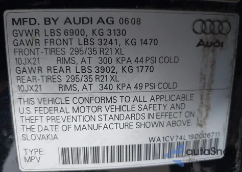 2009 Audi Q7 4.2 Prestige from USA, damaged, VIN WA1CV74L19D006711